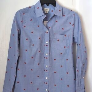 J. Crew Blue Button Front Blouse. Size XXS. Heart Print ❤️ NWT $79